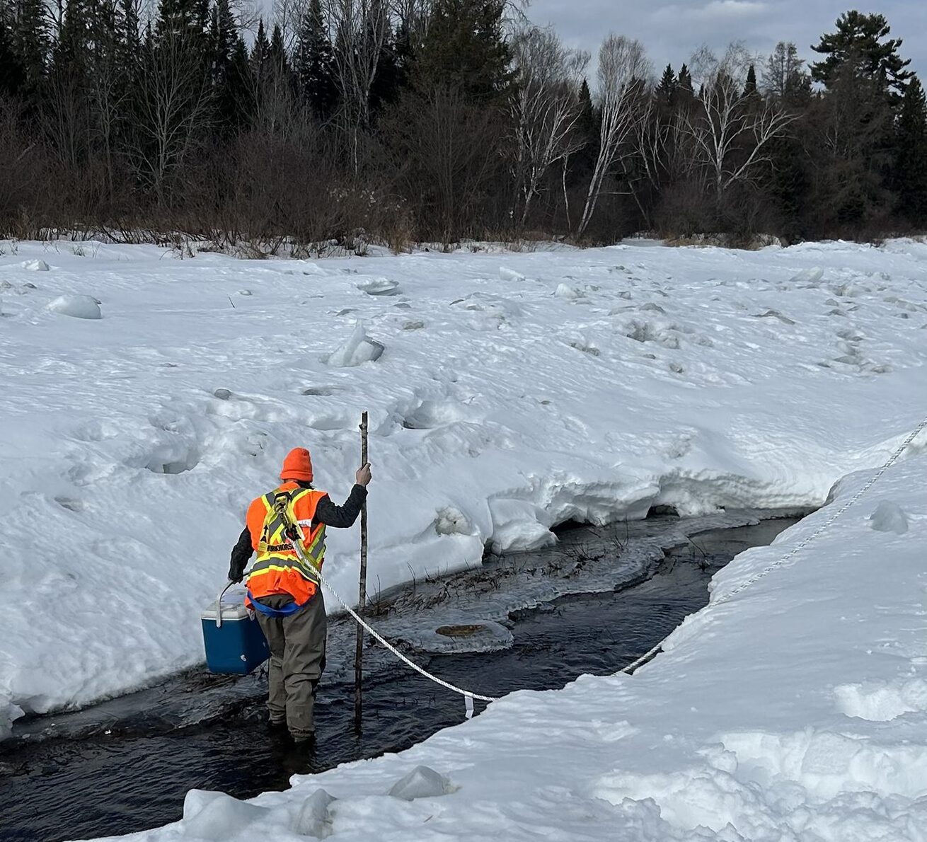 Person conducting environmental monitoring in a creek in the winter